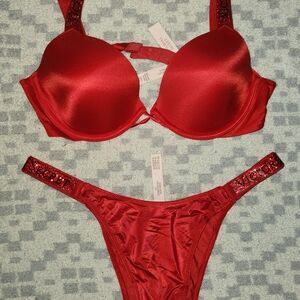 Victoria Secret Logo Strap Push Up Red Bra and Panty Set with Sequin Straps